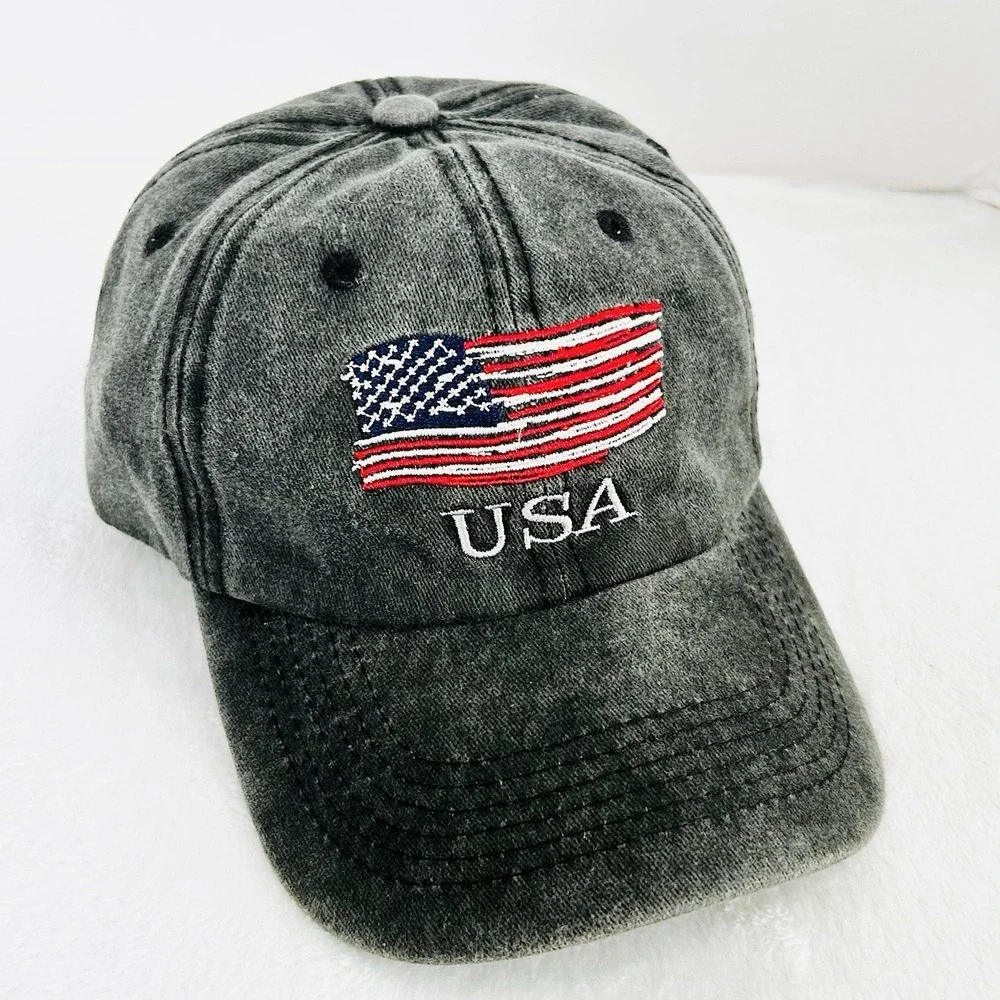 USA Stars and Stripes Flag Patch Distressed Hat Cap Adjustable Gray Outdoors